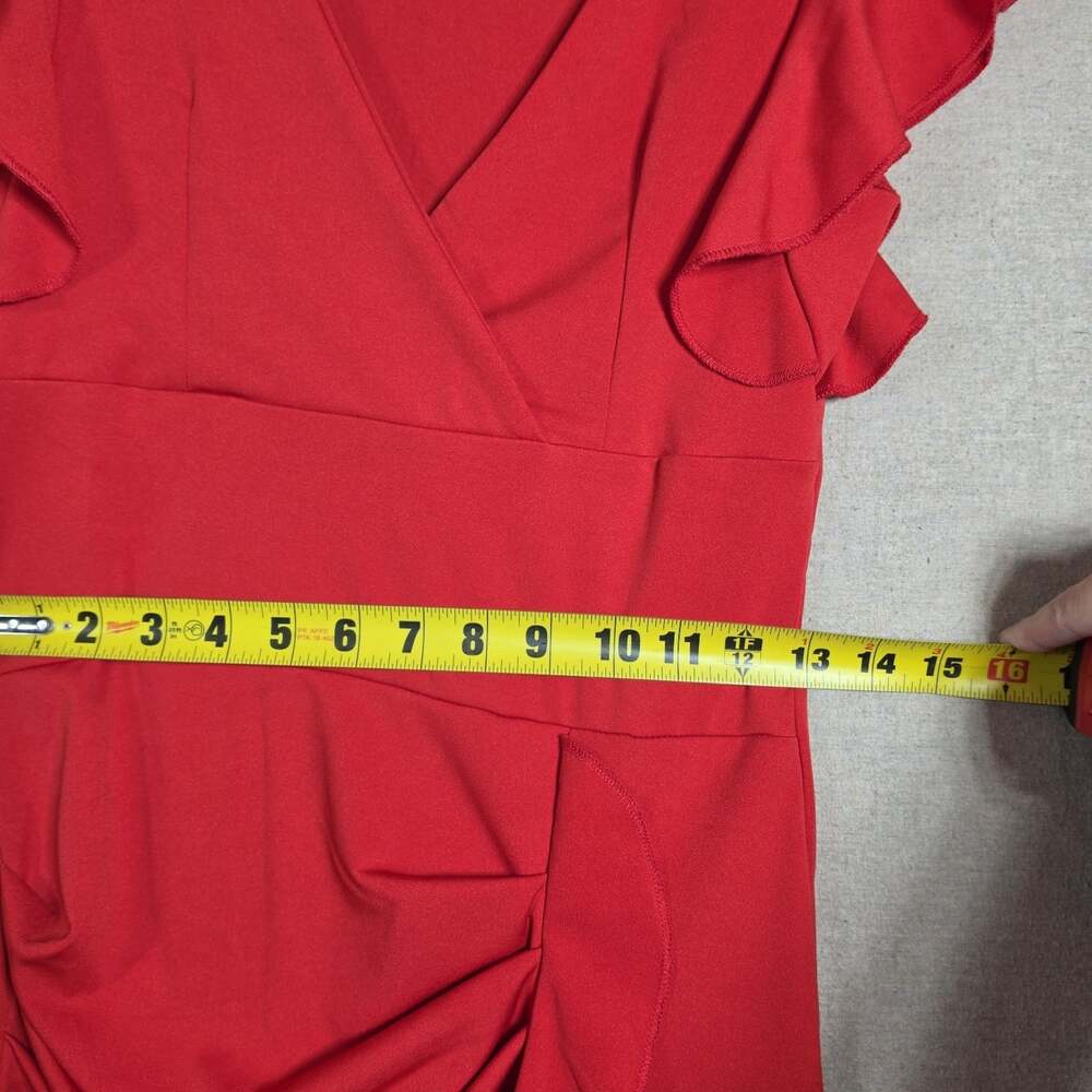 Red Midi Dress Ruched V-Neck Ruffle Sleeve Bodycon Stretch Pullover Sz S - Picture 5 of 11